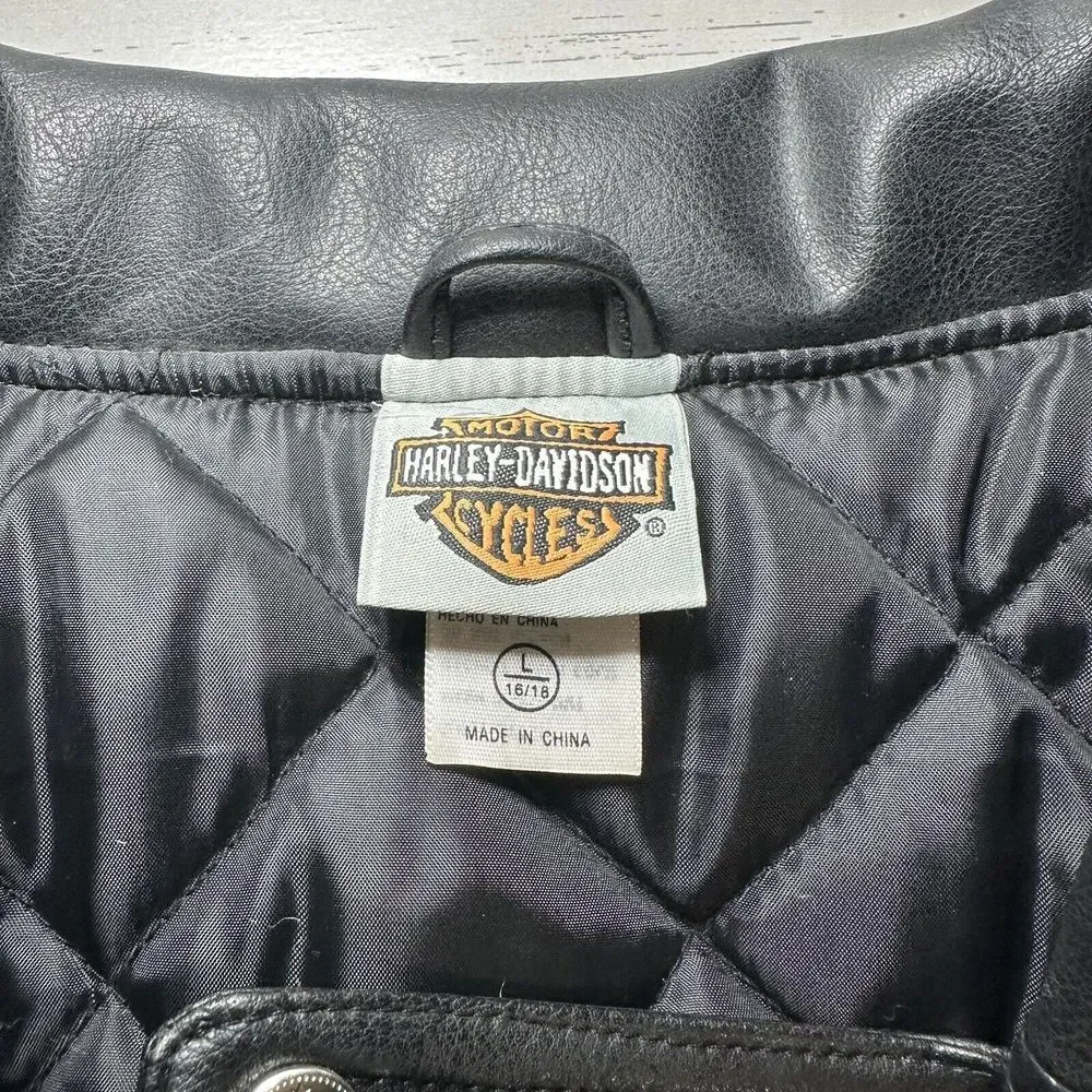 00s Harley Davidson Motor Cycles Faux Leather Motor Cycle Jacket Sz L 16-18 kids